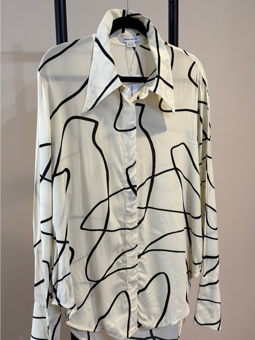 Urban Revival Cream Button-Down Shirt with Black Abstract Lines